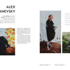 A magazine spread featuring painter Alex Kanevsky highlights three works from *Disrupted Realism* by Schiffer Publishing, Ltd., with artist background text and a blue italicized quote, depicting abstract, impressionistic figures and landscapes.