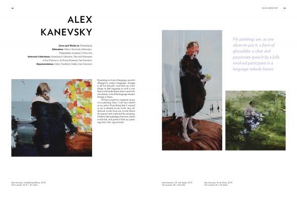 A magazine spread featuring painter Alex Kanevsky highlights three works from *Disrupted Realism* by Schiffer Publishing, Ltd., with artist background text and a blue italicized quote, depicting abstract, impressionistic figures and landscapes.