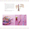 Step-by-step images and instructions from "Brazilian Bracelets: Making Friendship Bracelets & More" by Schiffer Publishing, Ltd., featuring friendship bracelet patterns, colorful threads, finished designs, and materials on a pink background with a dotted border.