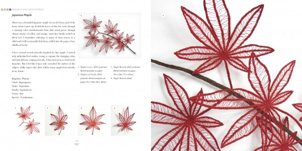 A spread from "Organic Embroidery" by Schiffer Publishing, Ltd. shows step-by-step instructions and images for making Japanese maple leaves with red and brown thread, plus a close-up of finished delicate embroidered leaves.