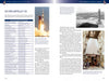 A two-page spread from "Saturn V" by Schiffer Publishing, Ltd. shows Apollo 13 info, Apollo mission details, tables, and four photos: a rocket launch, Saturn V at the pad, S-IVB stage transport, and crew in a simulator.