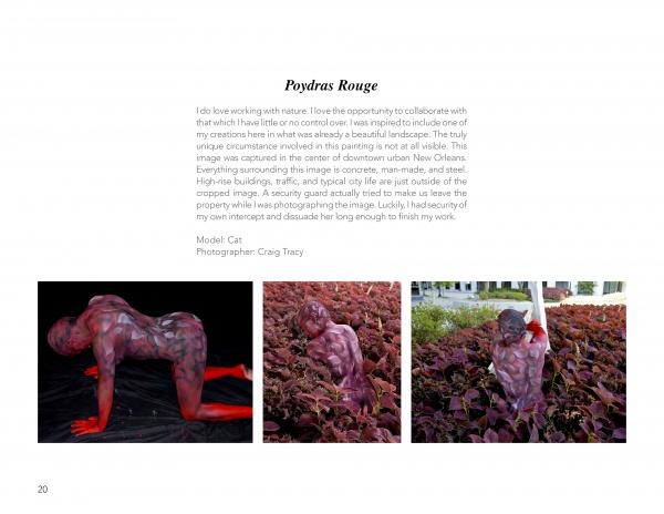 A page displays "Painted Alive" by Schiffer Publishing, Ltd., featuring a model painted in red and purple tones blending into foliage, inspired by contemporary art in the style of Craig Tracy. The model poses on all fours, partially hidden among plants.