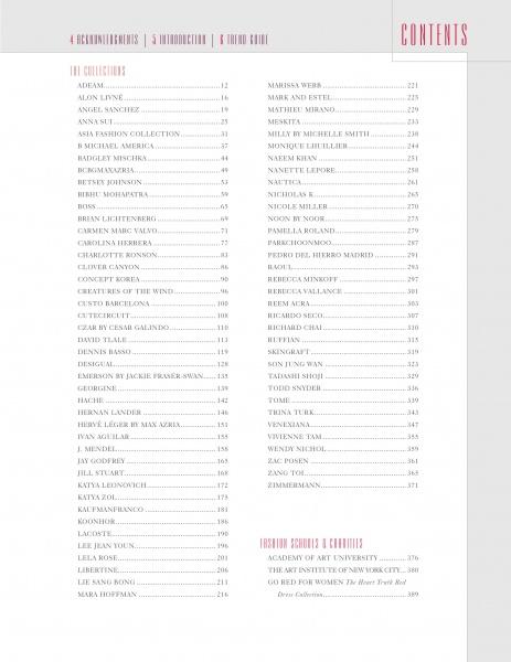 The SFP LookBook: Mercedes-Benz Fashion Week Fall/Winter 2014 Collections by Schiffer Publishing, Ltd. features a two-column contents page with collection and designer names, page numbers, a pink CONTENTS header, and trend highlights at the bottom right.