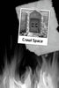 A black-and-white photo of a stone building labeled Crawl Space sits atop singed paper with flames, setting a spooky scene for "Campfire Tales Kentucky" by Schiffer Publishing, Ltd., perfect for scary stories against a black background.