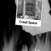A black-and-white photo of a stone building labeled Crawl Space sits atop singed paper with flames, setting a spooky scene for "Campfire Tales Kentucky" by Schiffer Publishing, Ltd., perfect for scary stories against a black background.