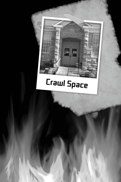 A black-and-white photo of a stone building labeled Crawl Space sits atop singed paper with flames, setting a spooky scene for "Campfire Tales Kentucky" by Schiffer Publishing, Ltd., perfect for scary stories against a black background.