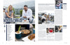 A magazine spread showcases a woman and man outdoors with coffee, bold text "LINZER CAKE MEETS BANANA BREAD," and images from The Athlete's Cookbook by Schiffer Publishing, Ltd., featuring baking, plated desserts, and step-by-step recipes.
