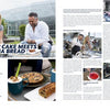 A magazine spread showcases a woman and man outdoors with coffee, bold text "LINZER CAKE MEETS BANANA BREAD," and images from The Athlete's Cookbook by Schiffer Publishing, Ltd., featuring baking, plated desserts, and step-by-step recipes.