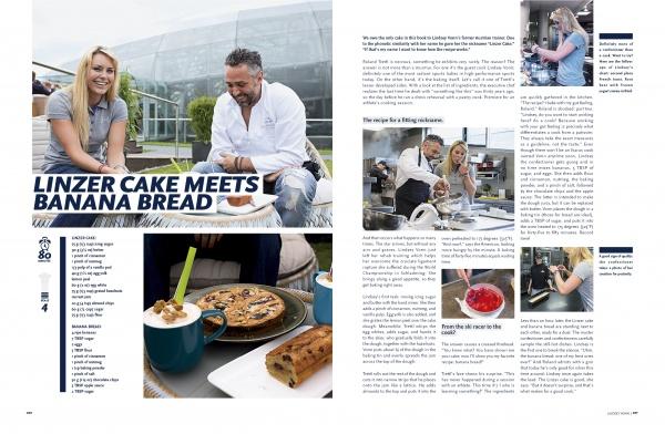 A magazine spread showcases a woman and man outdoors with coffee, bold text "LINZER CAKE MEETS BANANA BREAD," and images from The Athlete's Cookbook by Schiffer Publishing, Ltd., featuring baking, plated desserts, and step-by-step recipes.
