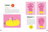 Two illustrated pages from "Little Box of Emotions" by Schiffer Publishing, Ltd.: Left—A yellow bird lies on its back with a red and white ball. Right—Four panels show a pink pig in yellow shorts teaching hand exercises for toddlers' emotions.