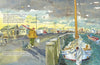 A person in a yellow coat and red hat walks along a Chesapeake Bay dock with boats, houses, and streetlights—scenes reminiscent of the children's book "Wind and Oyster Jack" by Schiffer Publishing, Ltd.