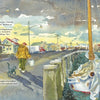 A person in a yellow coat and red hat walks along a Chesapeake Bay dock with boats, houses, and streetlights—scenes reminiscent of the children's book "Wind and Oyster Jack" by Schiffer Publishing, Ltd.