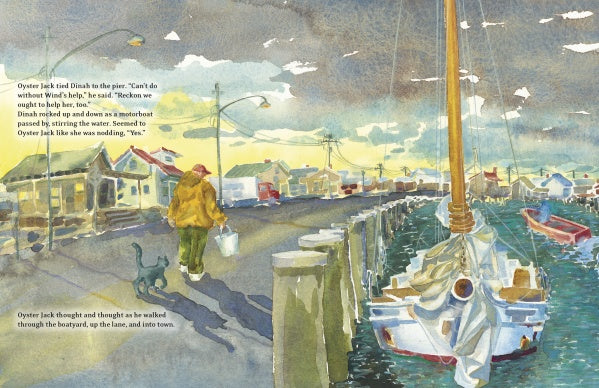 A person in a yellow coat and red hat walks along a Chesapeake Bay dock with boats, houses, and streetlights—scenes reminiscent of the children's book "Wind and Oyster Jack" by Schiffer Publishing, Ltd.