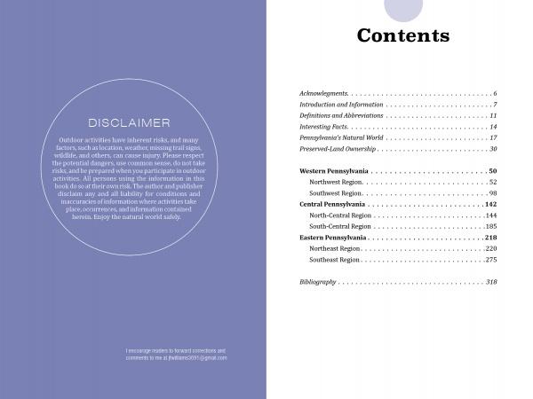 A two-page spread from *Pennsylvania's Preserved Lands* by Schiffer Publishing, Ltd.: The left page has a purple background with a disclaimer about outdoor risks in Pennsylvania; the right lists the table of contents for the nature guide.