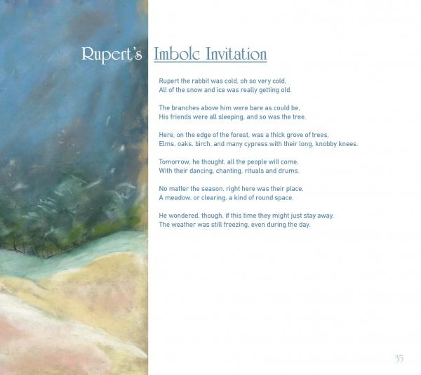 A page from Rupert's Tales by Schiffer Publishing, Ltd. features a snowy forest illustration and the poem "Rupert’s Imbolc Invitation," where Rupert the rabbit contemplates the coming Wheel of the Year celebration.