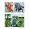 Explore vibrant alcohol ink art in "Pigments of Your Imagination" by Schiffer Publishing, Ltd., featuring a giraffe with an orange and white face, a black and white striped zebra, and an old blue rusty truck in a green field.