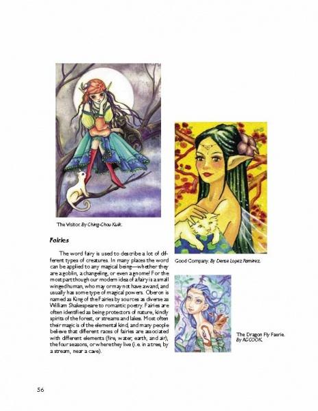 From Schiffer Publishing, Ltd.’s “Fairies, Mermaids, and Other Mystical Creatures,” three vibrant fairy illustrations with unique features are displayed ACEO-style on a magazine page, with text describing types and traits of fairies.