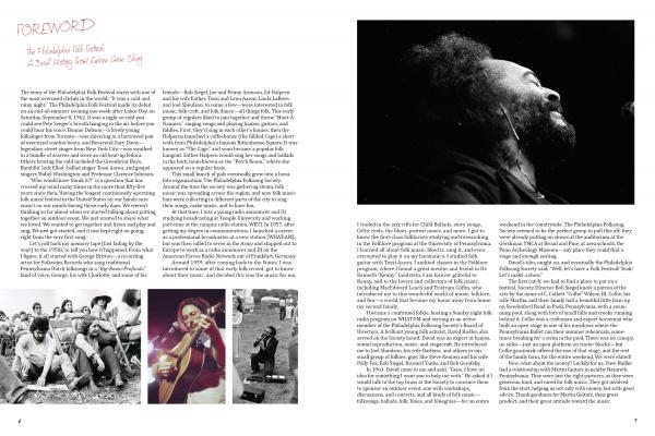 Two pages from "Smiling Banjo" by Schiffer Publishing, Ltd. spotlight the Philadelphia Folk Festival with small event photos on the left and a striking black-and-white image of a musician singing into a microphone on the right.