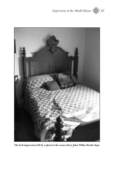 Black and white photo of a neatly made bed with a patterned quilt and a tall, ornate wooden headboard, evoking the mysterious charm of Maryland legends from "Ghosts of Maryland" by Schiffer Publishing, Ltd. Sunlight highlights the bed’s shape and texture.