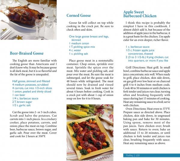A page from The Yankee Chef by Schiffer Publishing, Ltd. showcases traditional New England recipes—Beer-Braised Goose, Corned Goose, and Apple Sweet Barbecued Chicken—with vibrant photos and clear ingredient lists on a crisp white background.