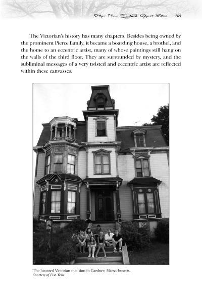 A black-and-white photo from Schiffer Publishing, Ltd.’s "Spooky Creepy New England" shows a large Victorian mansion with three people on the steps; its ornate woodwork and towers evoke the mystery of the Lizzie Borden House.