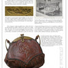 A vintage magazine page displays Artistic Leather of the Arts and Crafts Era by Schiffer Publishing, Ltd., with text, a sepia photo of a leatherworking studio, and a close-up of a hand-tooled, ornately embossed brown leather handbag.