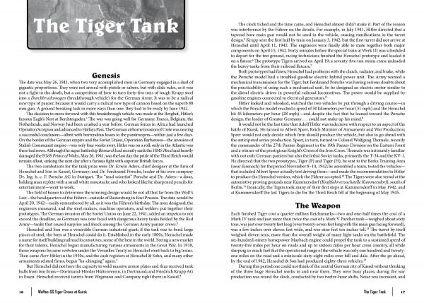 A two-page spread from Schiffer Publishing, Ltd.'s "Waffen-SS Tiger Crews at Kursk": the left page covers Genesis, while the right explores The Weapon and Tiger tanks' roles in the Waffen-SS and at Kursk. Both pages are densely packed with text.