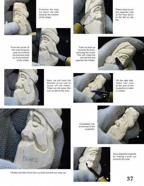 Step-by-step photo guide from Schiffer Publishing, Ltd.'s "Carving Caricature Bookmarks" shows gloved hands shaping bearded faces with detailed instructions—ideal for anyone interested in caricature wood carving.