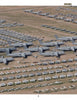 Desert Boneyard by Schiffer Publishing, Ltd. features rows of retired military aircraft and jets neatly lined up on a dry, grassy field for efficient storage of various sizes and types.