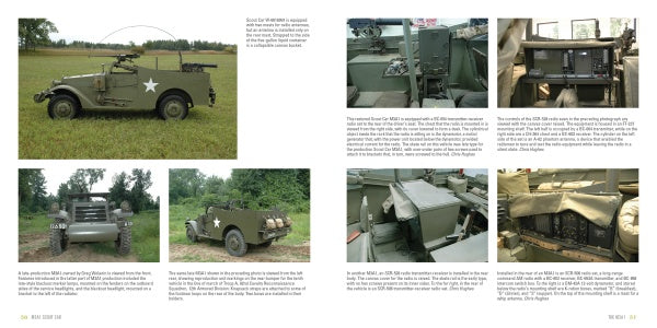 A photo spread from Schiffer Publishing, Ltd. features the M3A1 Scout Car with detailed views of equipment and interiors, plus vintage olive-drab World War II trucks and jeeps—part of the Legends of Warfare series.