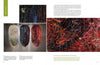 A two-page spread in *Japanese Contemporary Quilts and Quilters* (Schiffer Publishing, Ltd.) showcases abstract textile art: oval sculptures on the left, and vibrant red, black, and yellow threadwork close-ups on the right.