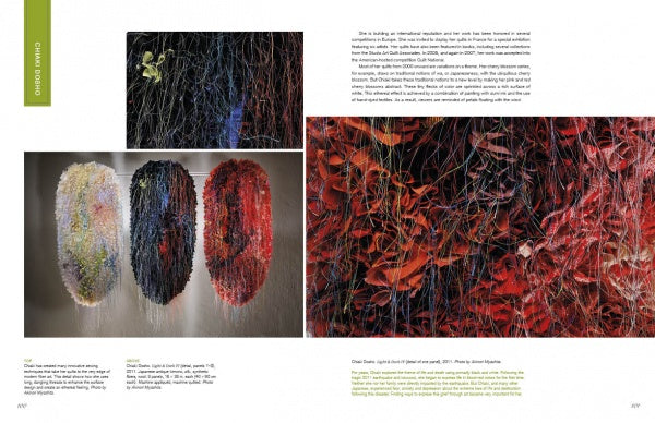 A two-page spread in *Japanese Contemporary Quilts and Quilters* (Schiffer Publishing, Ltd.) showcases abstract textile art: oval sculptures on the left, and vibrant red, black, and yellow threadwork close-ups on the right.