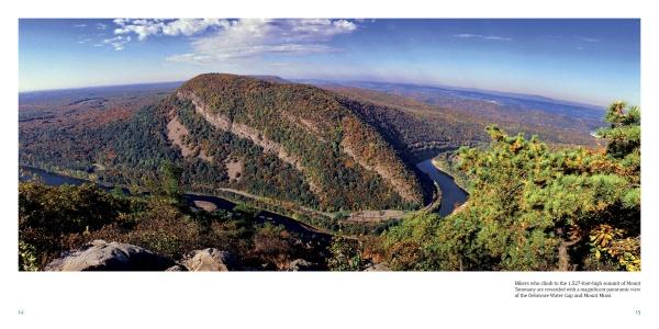 A high-angle view of a river winding through Delaware Water Gap National Recreation Area, featured by Schiffer Publishing, Ltd.
