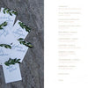 On the left, five cards with handwritten names and leafy accents rest on stone. On the right, "The White Dress Destinations" by Schiffer Publishing, Ltd. displays its gold-highlighted table of contents on a white background.