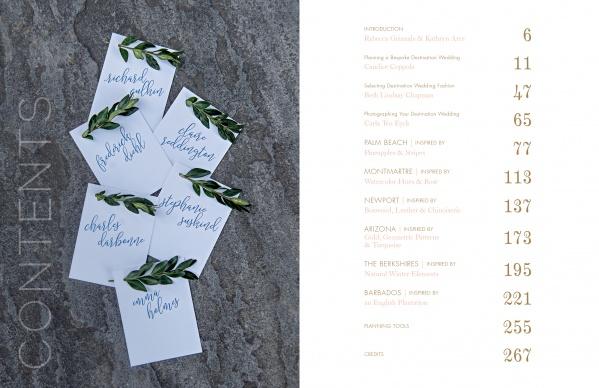 On the left, five cards with handwritten names and leafy accents rest on stone. On the right, "The White Dress Destinations" by Schiffer Publishing, Ltd. displays its gold-highlighted table of contents on a white background.