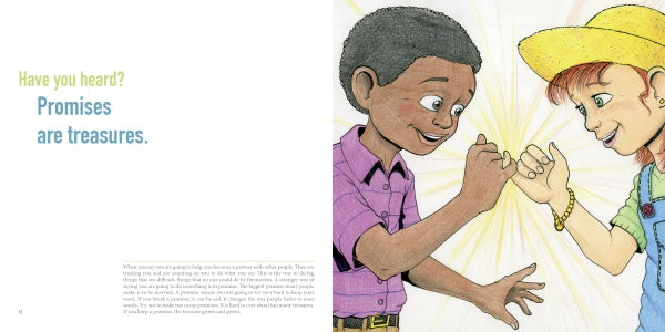 A boy and a girl smile and make a pinky promise as rays of light shine behind them, reflecting the values found in children's books like "Have You Heard?" from Schiffer Publishing, Ltd.
