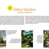 Informational page from Schiffer Publishing, Ltd.’s "California Theme Parks" about Gilroy Gardens, with a yellow circle marked “9” and three photos: people by a big tree, a walkway under trees, and a rollercoaster above greenery.