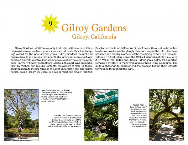 Informational page from Schiffer Publishing, Ltd.’s "California Theme Parks" about Gilroy Gardens, with a yellow circle marked “9” and three photos: people by a big tree, a walkway under trees, and a rollercoaster above greenery.