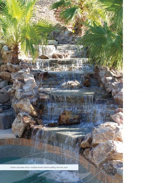 Swimming Pool Innovations by Schiffer Publishing, Ltd. features cascading waterfalls over stone steps, rocks, and palms, ending in a clear pool, with sunlight filtering through fronds—perfect inspiration for your backyard swimming pool paradise.