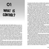 A two-page spread from Alien Abduction by Schiffer Publishing, Ltd., with the heading 01 WHAT IS CONTROL? The left page shows the chapter title and intro, while the right discusses mind control in parenting, linking it to UFO investigator cases.