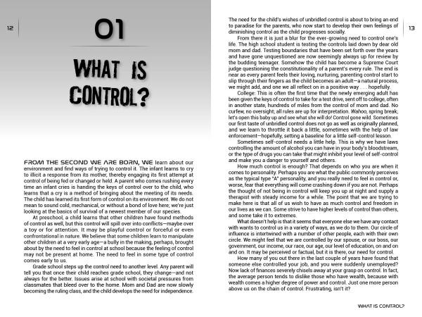 A two-page spread from Alien Abduction by Schiffer Publishing, Ltd., with the heading 01 WHAT IS CONTROL? The left page shows the chapter title and intro, while the right discusses mind control in parenting, linking it to UFO investigator cases.