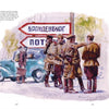 An Artist at War" by Schiffer Publishing, Ltd. features Ed Vebell’s WWII illustration of Soviet soldiers and a woman with luggage near a green car and signs for Brandenburg and Potsdam in Cyrillic, set in Berlin, 1945.