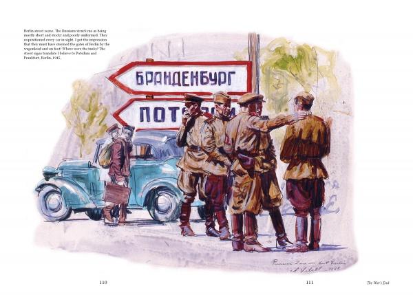 An Artist at War" by Schiffer Publishing, Ltd. features Ed Vebell’s WWII illustration of Soviet soldiers and a woman with luggage near a green car and signs for Brandenburg and Potsdam in Cyrillic, set in Berlin, 1945.