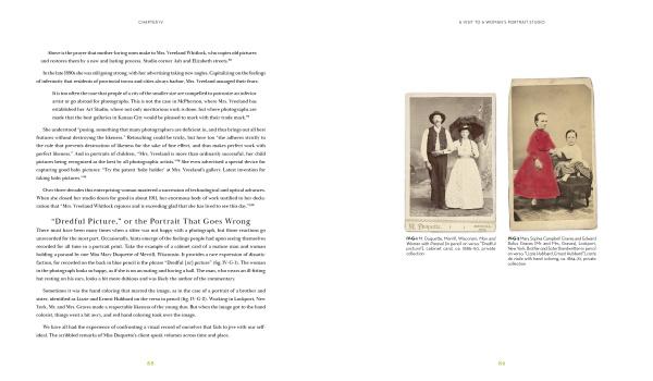 A spread from "Women in the Dark" by Schiffer Publishing, Ltd. shows text and two vintage B&W portraits: one of a man and woman standing, the other of a robed man seated with two children—highlighting 19th-century photography.