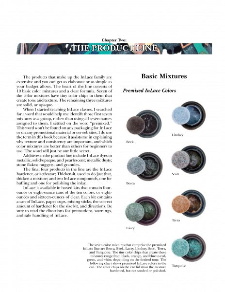A catalog page titled InLace Techniques from Schiffer Publishing, Ltd. features eight premixed resin inlay colors—Beck, Lindsey, Scott, Becca, Terra, Lacey, and Turquoise—ideal for wood turners and gourd carving, with descriptive usage information.