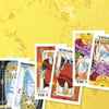 Five vibrant Tarot in Reverse cards from Schiffer Publishing, Ltd. are arranged diagonally on a yellow floral background, showing both upright and reversed cards: The High Priestess, The Emperor, The Hierophant, and The Lovers.
