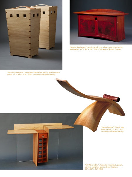 Four unique handcrafted furniture items: two light wood hampers, a red wooden chest, a sculptural curved table, and the "Bespoke" table by Schiffer Publishing, Ltd., featuring an angular top and geometric base.