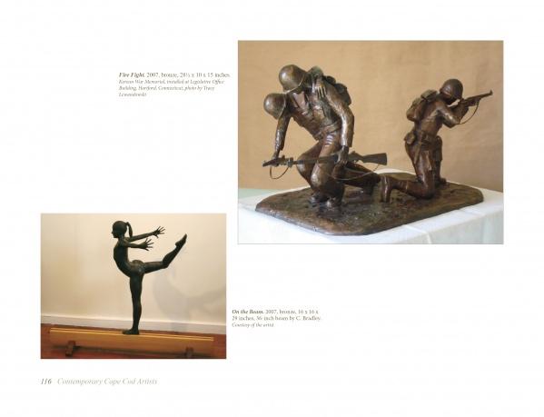 Contemporary Cape Cod Artist" by Schiffer Publishing, Ltd. highlights bronze sculptures—soldiers in action and a graceful ballerina—displayed indoors, reflecting the expressive impact of Cape Cod artists on today’s art scene.