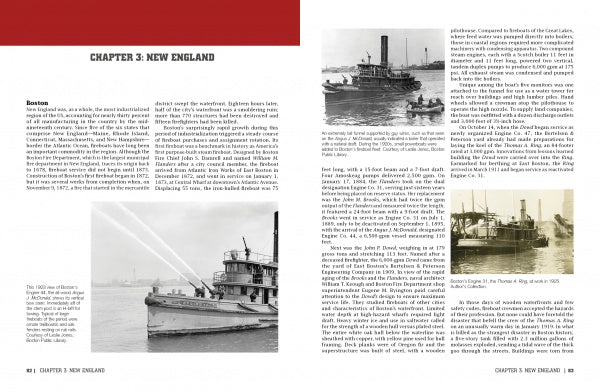 Two pages from "American Fireboats" by Schiffer Publishing, Ltd. showcase New England’s maritime history with text and black-and-white photos of fireboats, tugboats, and harbor ships, each image accompanied by informative captions about their roles and dates.