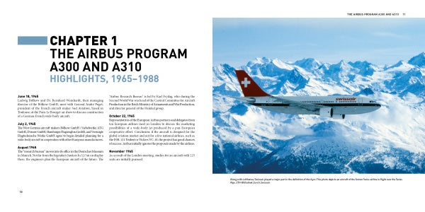 A Swiss International Air Lines Airbus A330 flies over snowy peaks, while the left page of Schiffer Publishing, Ltd.'s "Airbus A300/310" covers Chapter 1: The Airbus Program A300 and A310, with highlights from 1965–1988.